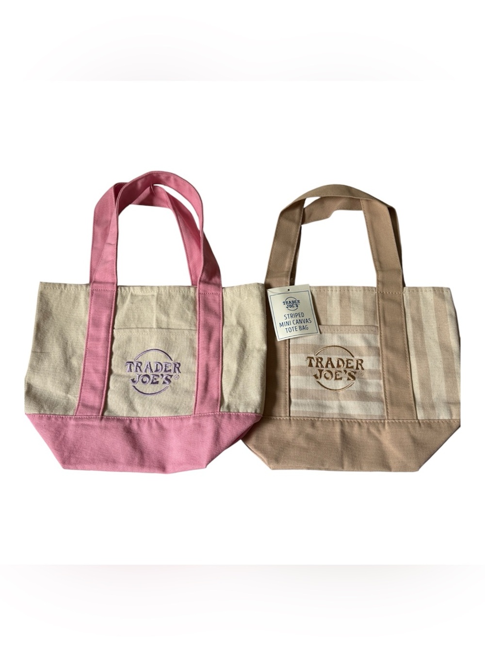 NWT/NWOT - Trader Joe’s 1 Pink & 1 Tan Striped Canvas Tote